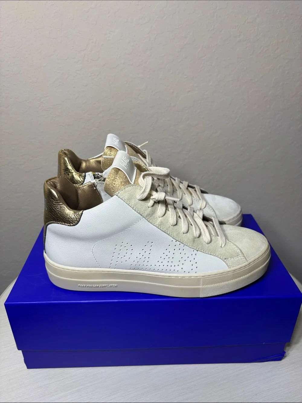 P448 Thea Mid Top Platform Sneakers White Leather Gold Glitter Millenium 40 NIB
